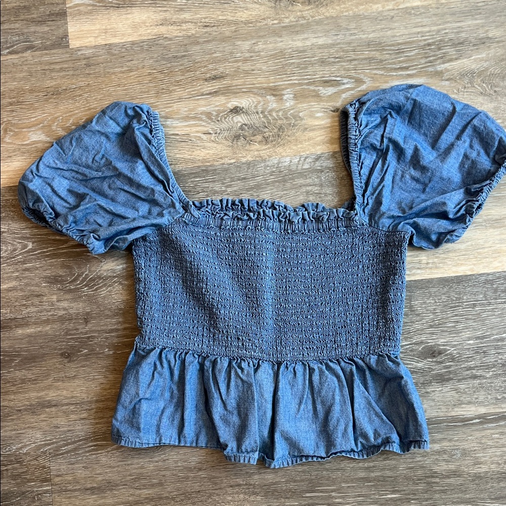 J. Crew Blue Denim Smocked Blouse